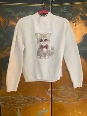 Vintage Cozy Kitten Knit Sweater XS Christmas